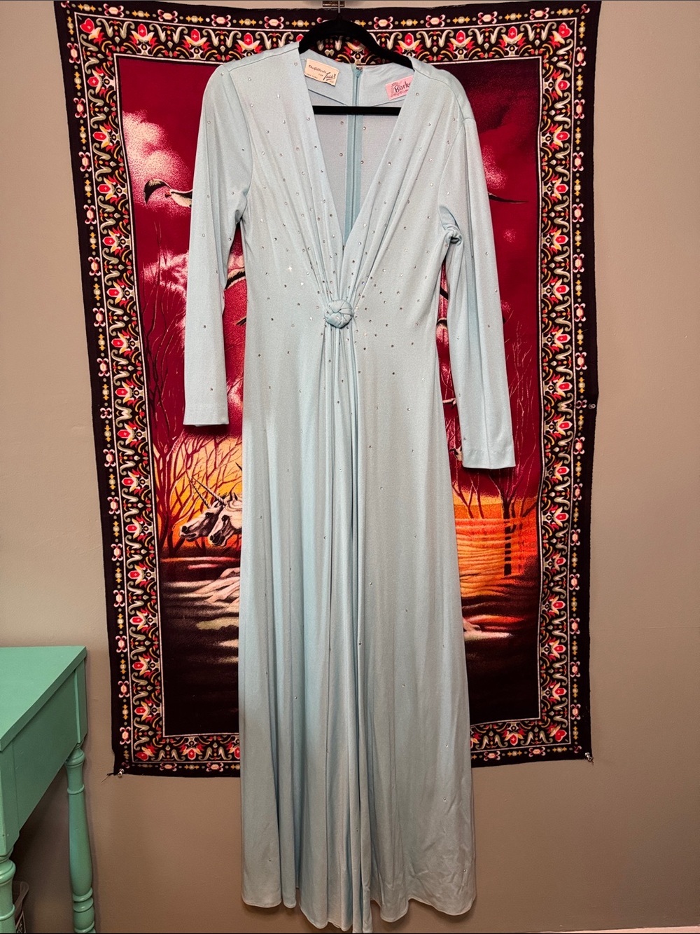 vintage 60s Gilberts for Tally ice blue fully rhinestoned formal evening dress